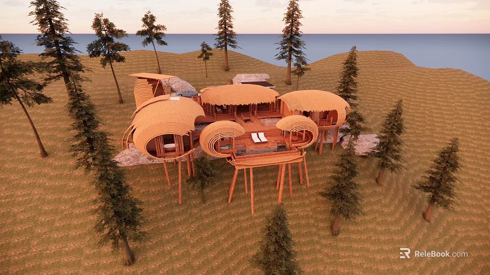 Circular Thatched Roof Detached Villa Stilted Design Amid Pine Trees And Ocean View 3d model 