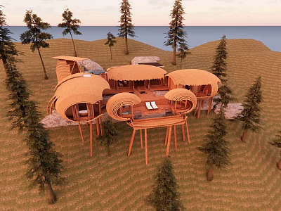 Circular Thatched Roof Detached Villa Stilted Design Amid Pine Trees And Ocean View 3d model