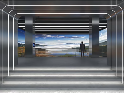 Modern Entrance Metal Frame Structure Person Standing Viewing Scenery Blue Sky White Clouds Mountains 3d model