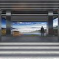 Modern Entrance Metal Frame Structure Person Standing Viewing Scenery Blue Sky White Clouds Mountains
