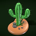 Cartoon Style Green Cactus With Thorns On Brown Base Surrounded By Small Stones And Leaves