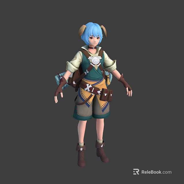 Fantasy Character With Blue Hair Horns Green Brown Outfit Shorts Boots And Decorative Belt 3d model 