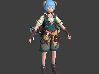Fantasy Character With Blue Hair Horns Green Brown Outfit Shorts Boots And Decorative Belt 3d model
