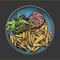 Crispy Golden Fries with Fresh Green Lettuce and Savory Red Tartare