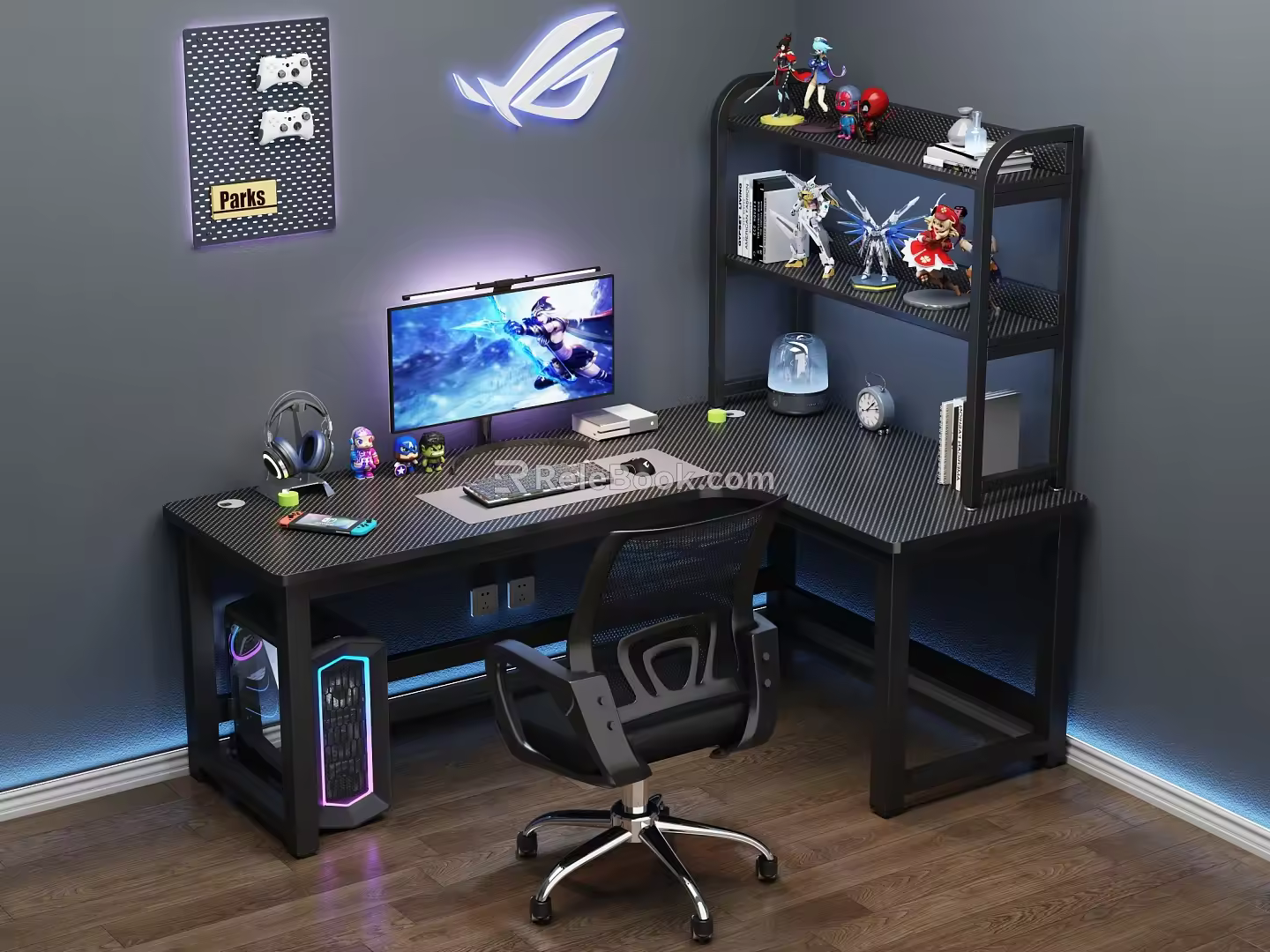 Modern E-sports Table and Chair E-sports Room Computer Table and Chair Cyberpunk Desktop Bookshelf Computer Decoration Combination Computer Chair Computer Host Monitor Hand-held 3d model