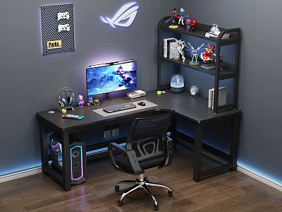 Gaming Desk Setup With RGB Lighting Monitor Ergonomic Chair And Figurines 3d model