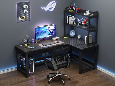 Modern E-sports Table and Chair E-sports Room Computer Table and Chair Cyberpunk Desktop Bookshelf Computer Decoration Combination Computer Chair Computer Host Monitor Hand-held 3d model