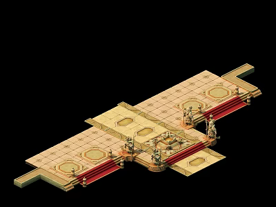 Ancient Golden Palace Model With Multiple Platforms Red Decorative Elements And Statues 3d model