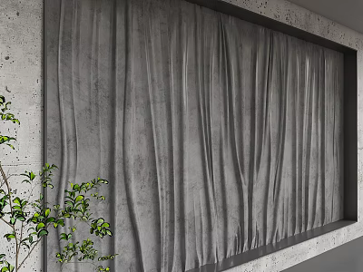 Gray Fabric Curtain Covered Background Wall With Concrete Frame And Green Plant 3d model