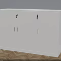 White Storage Cabinet With Three Doors And Gold Handles On Wooden Floor Against Gray Wall