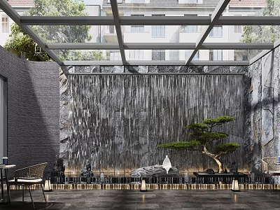 Modern Outdoor Courtyard With Glass Roof Waterfall Wall Pine Tree And Ambient Lighting 3d model