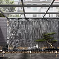 Modern Outdoor Courtyard With Glass Roof Waterfall Wall Pine Tree And Ambient Lighting