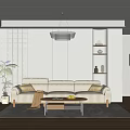 Modern Living Room With Beige Sofa Wooden Coffee Table Rug Green Plant And Pendant Light