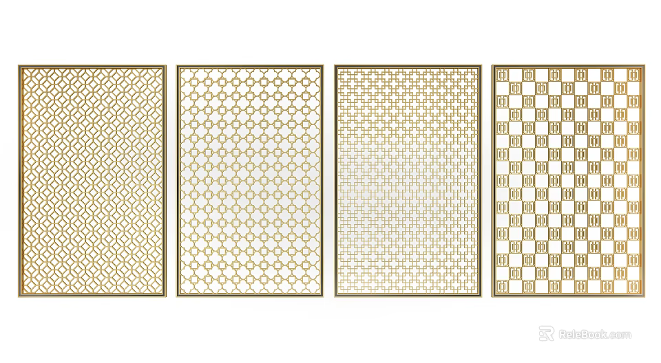 Decorative Room Dividers With Gold Frame And Various Geometric Patterns 3d model