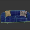 Stylish Blue Sofa With Two Patterned Cushions And Wooden Legs For Living Room
