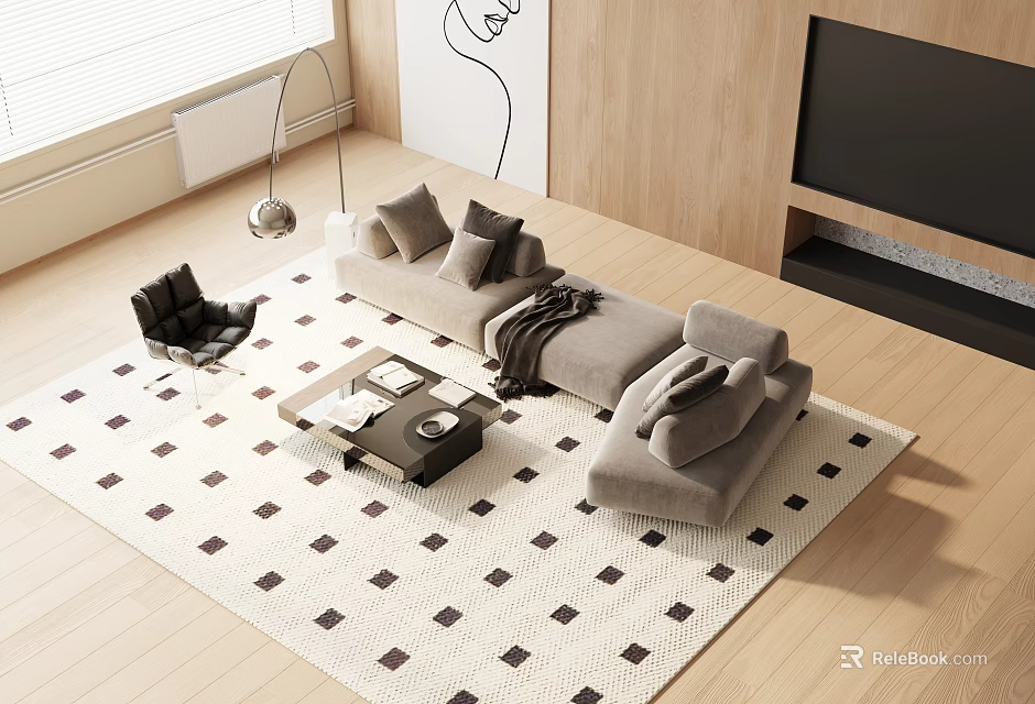 Modern Minimalist Sofa Coffee Table Set With Geometric Rug Floor Lamp Wooden TV Wall 3d model 