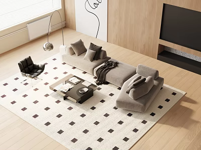 Modern Minimalist Sofa Coffee Table Set With Geometric Rug Floor Lamp Wooden TV Wall 3d model