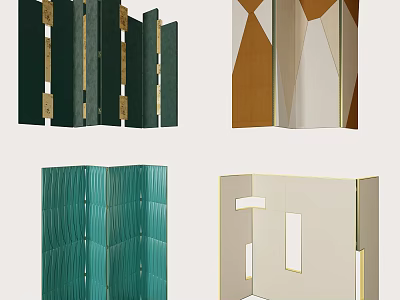 Modern Geometric Folding Screens With Green Brown White Patterns And Metal Accents 3d model