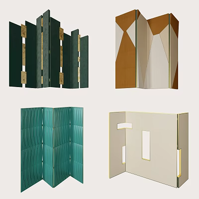 Modern Geometric Folding Screens With Green Brown White Patterns And Metal Accents 3d model