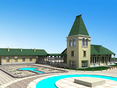 Spacious Detached Villa With Green Roof Yellow Walls Tower And Swimming Pool Courtyard 3d model