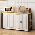 White Cabinet Sideboard With Wooden Top Microwave Oven Plates And Jars In Kitchen