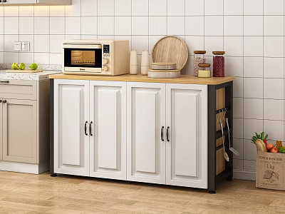 White Cabinet Sideboard With Wooden Top Microwave Oven Plates And Jars In Kitchen 3d model