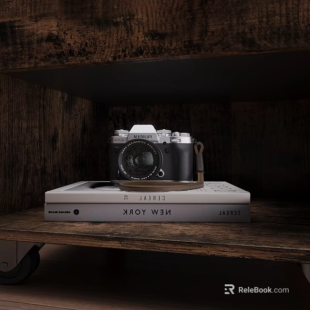 Vintage Digital Camera Placed on Stack of Books with Wooden Shelf Background 3d model 