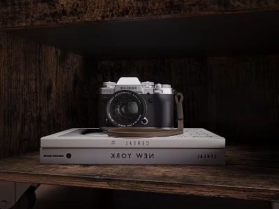 Vintage Digital Camera Placed on Stack of Books with Wooden Shelf Background 3d model