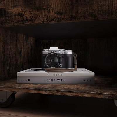 Vintage Digital Camera Placed on Stack of Books with Wooden Shelf Background 3d model