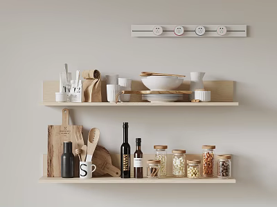 Elegant Dinnerware Set with White Bowls Plates Mugs and Jars on Wooden Kitchen Shelves 3d model