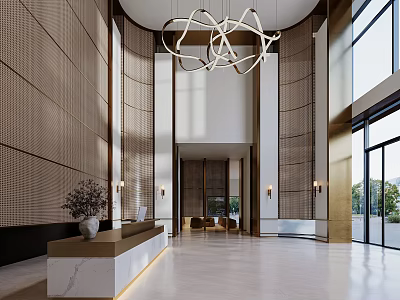 Modern Hotel Lobby Interior With Chandelier Marble Reception Desk And Large Windows 3d model