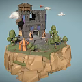 Cartoon Castle Scene On Cliff With Trees Tent Flags And Floating Clouds 3d model