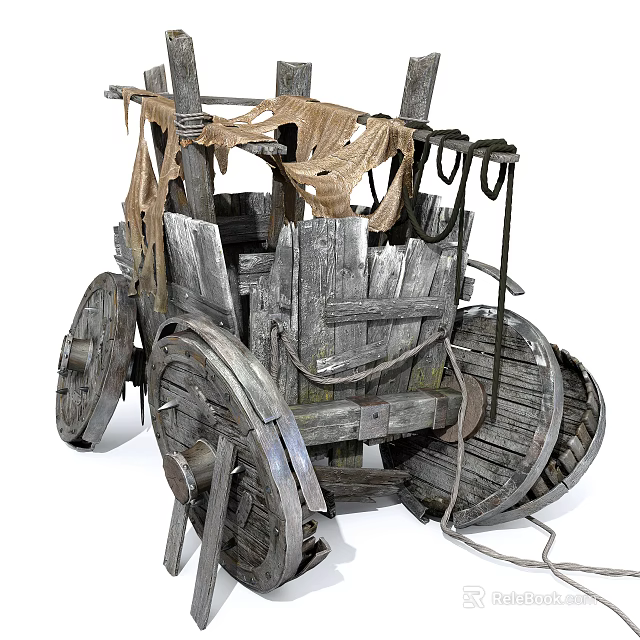 Rustic Wooden Cart Components With Large Wheels Planks And Tattered Cloth 3d model 