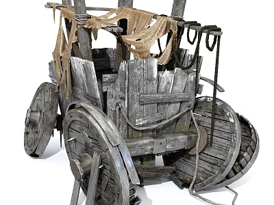 Rustic Wooden Cart Components With Large Wheels Planks And Tattered Cloth 3d model