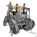 Rustic Wooden Cart Components With Large Wheels Planks And Tattered Cloth