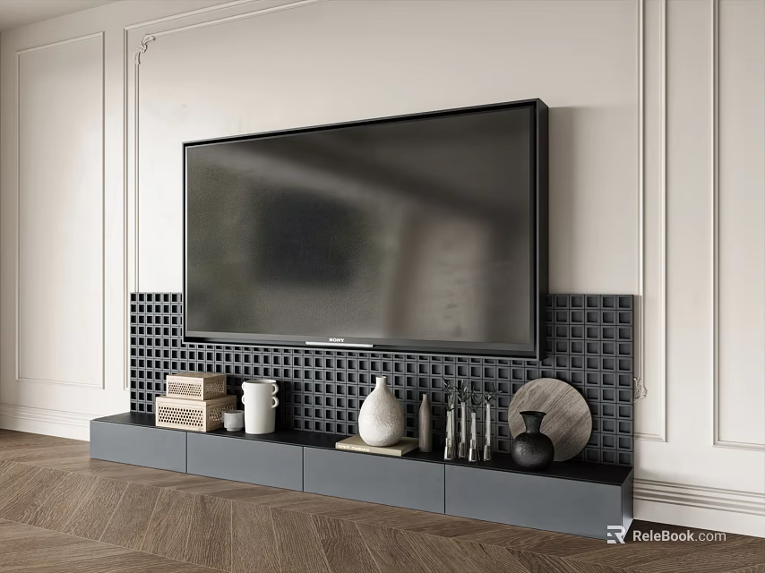 Modern Gray TV Stand with Mounted TV and Decorative Items on Wooden Floor 3d model 