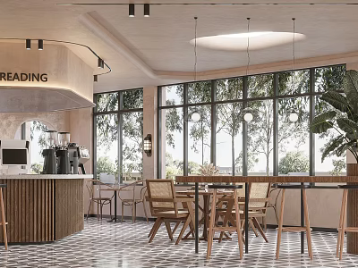 Cozy Reading Café Interior With Wooden Tables Chairs Hanging Lights Large Windows And Trees Outside 3d model