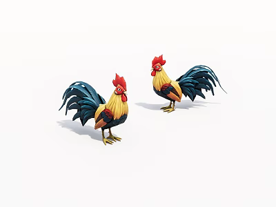 Two Colorful Roosters With Red Combs Yellow Bodies And Blue Tails 3d model