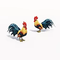 Two Colorful Roosters With Red Combs Yellow Bodies And Blue Tails