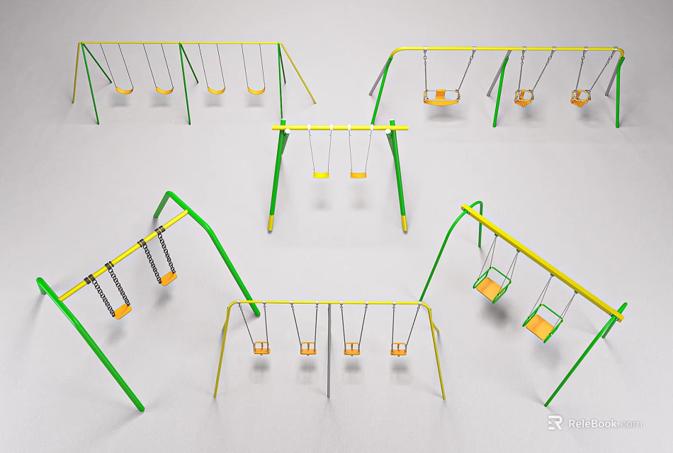 Playground Swing Equipment With Various Designs Green Yellow Frames Multiple Seats 3d model