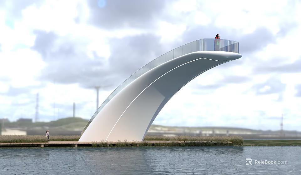 Scenic White Curved Observation Deck With Glass Railing Over Water And Standing Person 3d model 