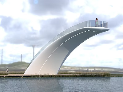Scenic White Curved Observation Deck With Glass Railing Over Water And Standing Person 3d model