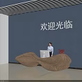 3D Designed Curved Textured Brown Reception Desk With Receptionist In Modern Welcome Lobby