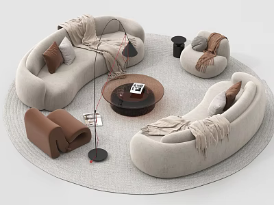 Elegant Modern Sofa And Coffee Table Set With Curved Beige Sofas Round Coffee Table Brown Armchair 3d model