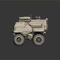 Sand Colored Military Off Road Vehicle With Large Tires And Roof Mounted Equipment
