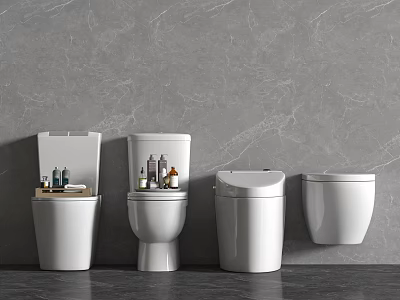 Different Styles Of White Toilets With Grey Marble Wall And Bathroom Toiletries On Top 3d model