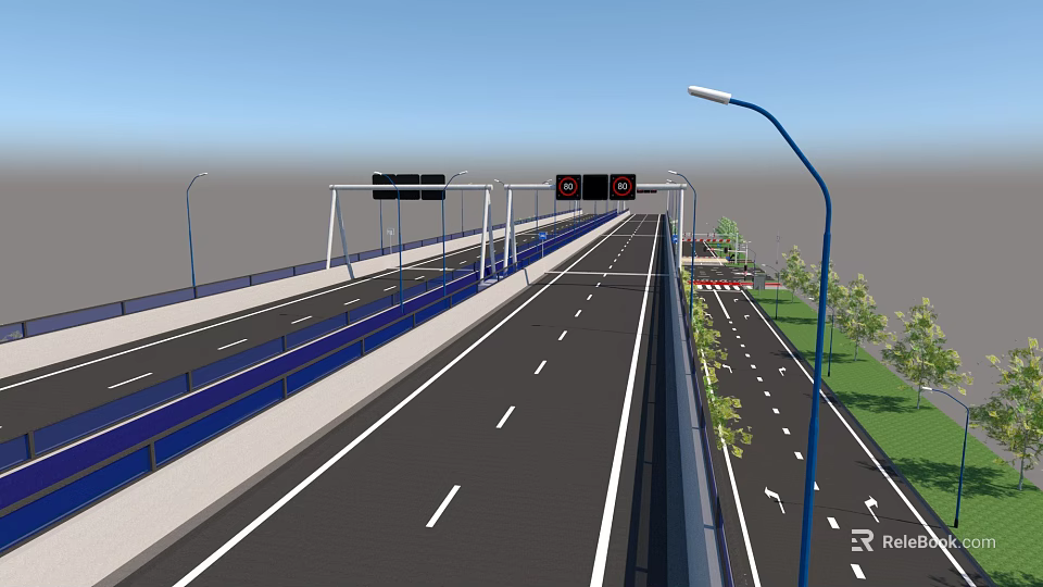 Modern Highway Road Infrastructure with Street Lights Traffic Signs Guardrails and Green Belts 3d model 