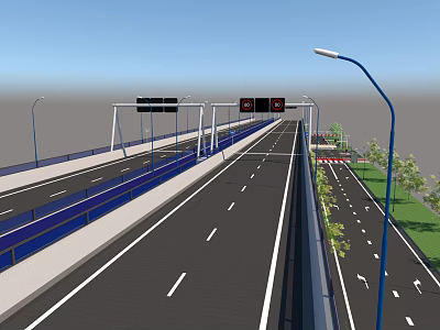 Modern Highway Road Infrastructure with Street Lights Traffic Signs Guardrails and Green Belts 3d model