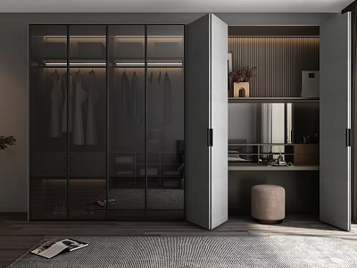 Modern Wardrobe Interior Design With Glass Doors Hanging Clothes And Dressing Table 3d model
