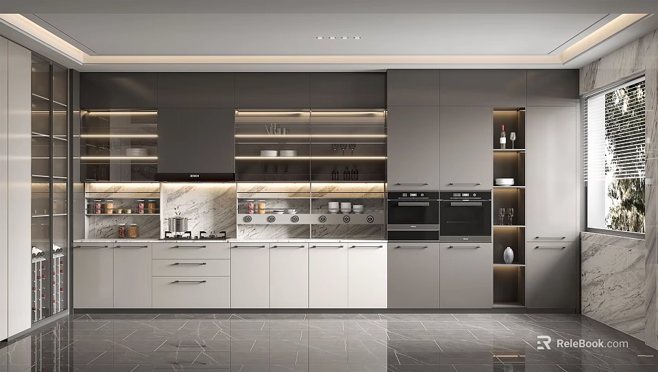 Modern Kitchen Interior With White Gray Cabinets Marble Countertop And Built In Ovens 3d model 